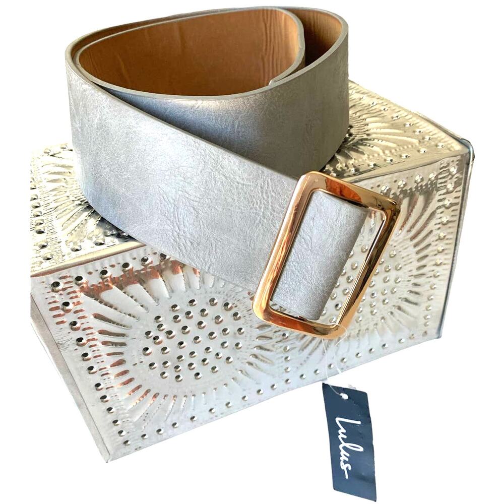 Lulu's NEW Wide Belt Gray Faux Leather Gold Tone Slip Buckle Stylish Womens